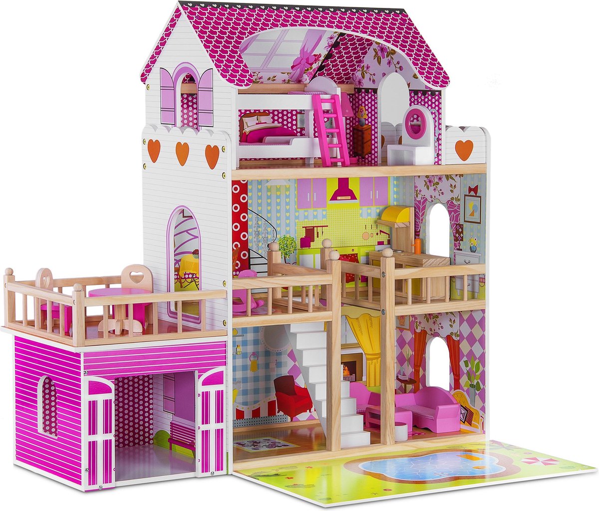 Rijoka Houten Poppenhuis - LED Verlichting | Meubelset 15pcs | 90 x 33 x 90cm